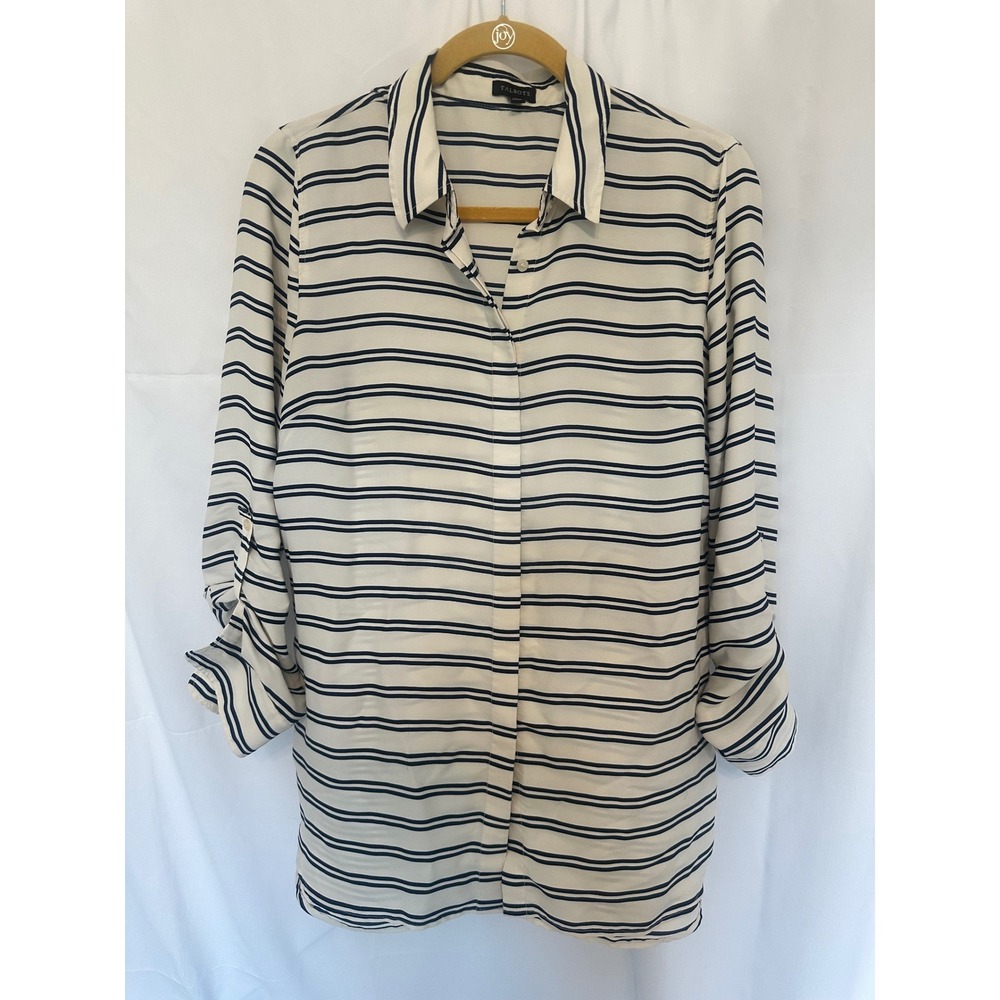 Talbots Womens Ivory Navy Blue Striped Roll Tab Sleeve Button Down Blouse M